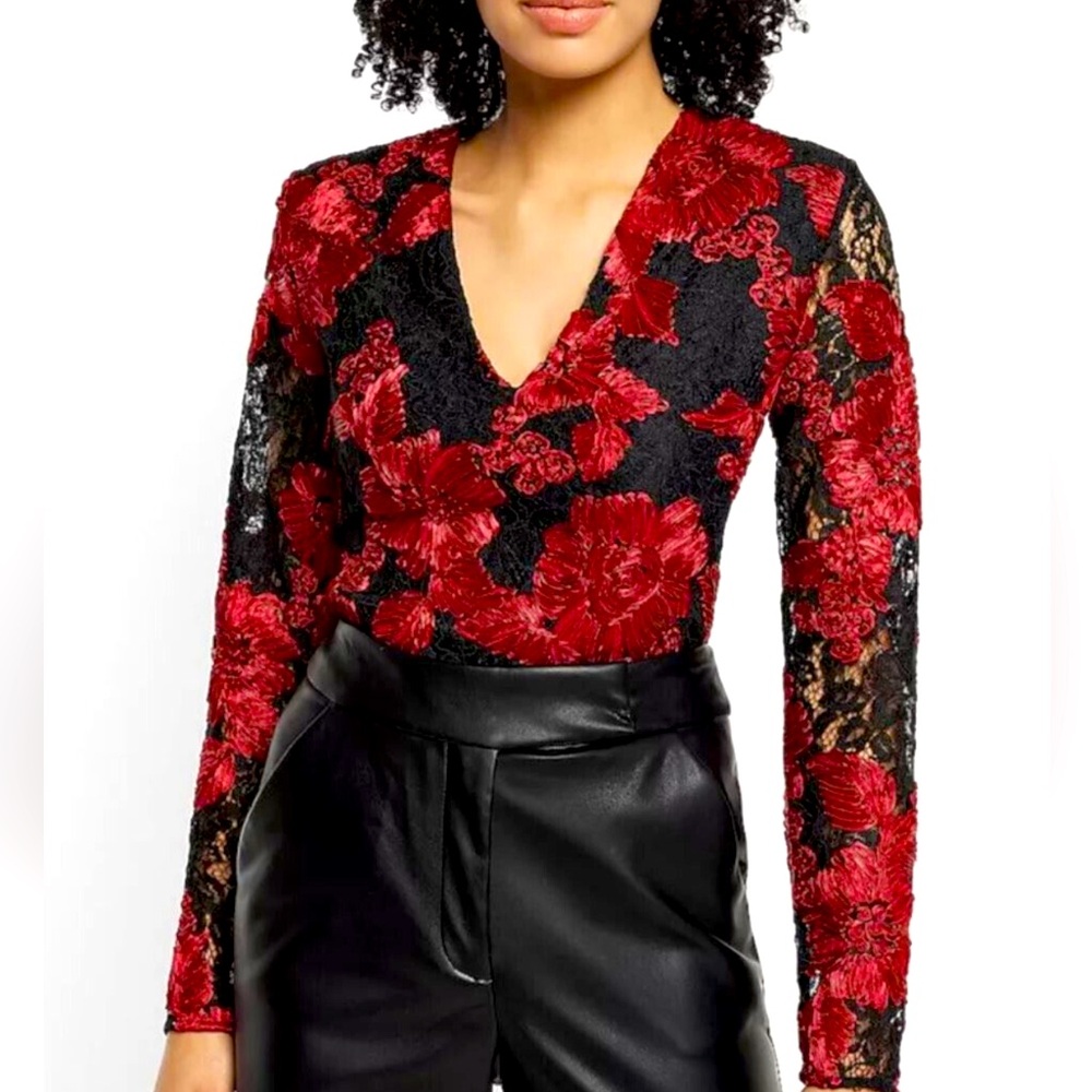 Red and Black Rose Lace Bodysuit from Express